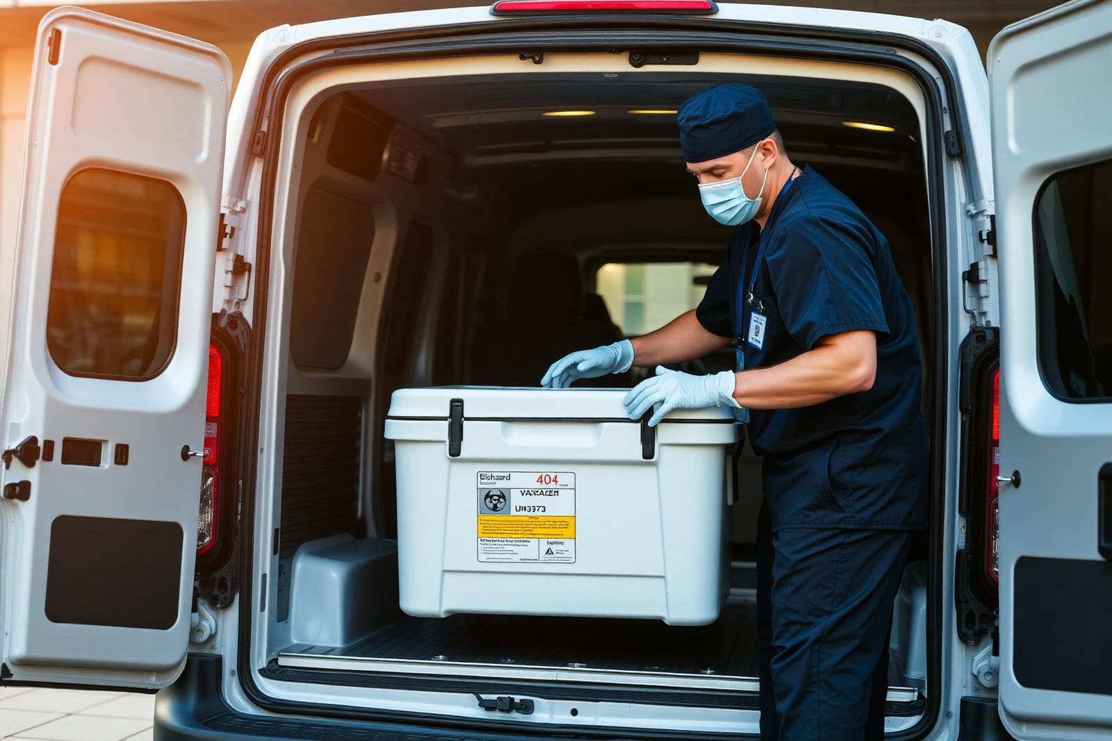 Medical courier van picking up lab specimens at a healthcare facility